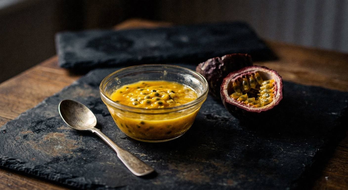 Passion fruit puree being poured into a tall glass with fresh lime halves and a bottle of Topo Chico sparkling water on a bright surface