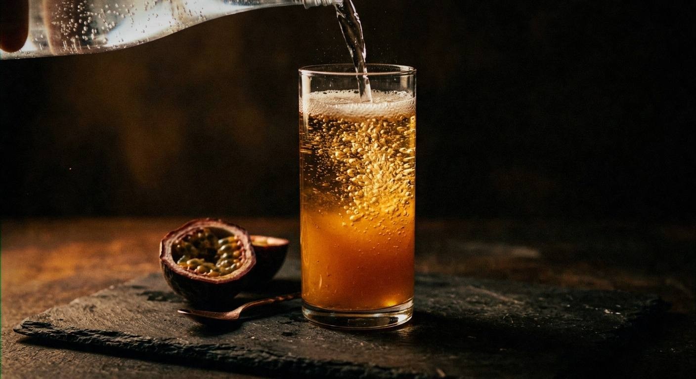 Two passion fruit mocktails on a bright surface with fresh passion fruits cut open showing seeds, lime wedges, and mint sprigs scattered around, summer drink photography