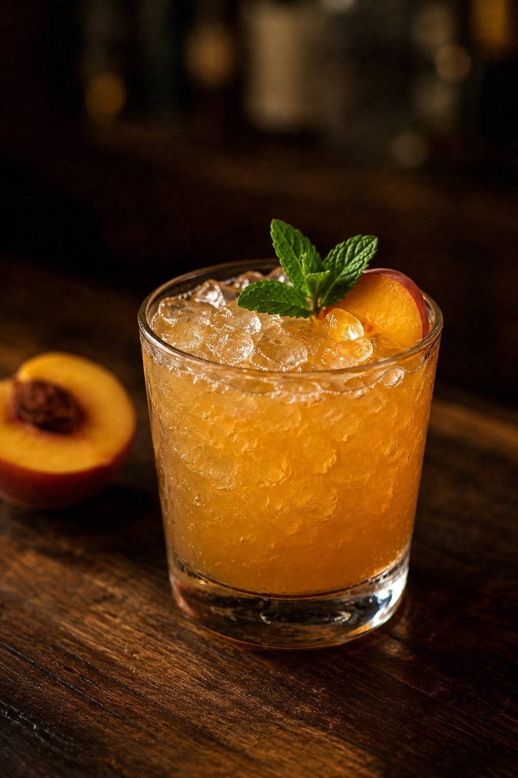 A golden peach bourbon smash over crushed ice with a fresh peach slice and small mint garnish on a walnut bar