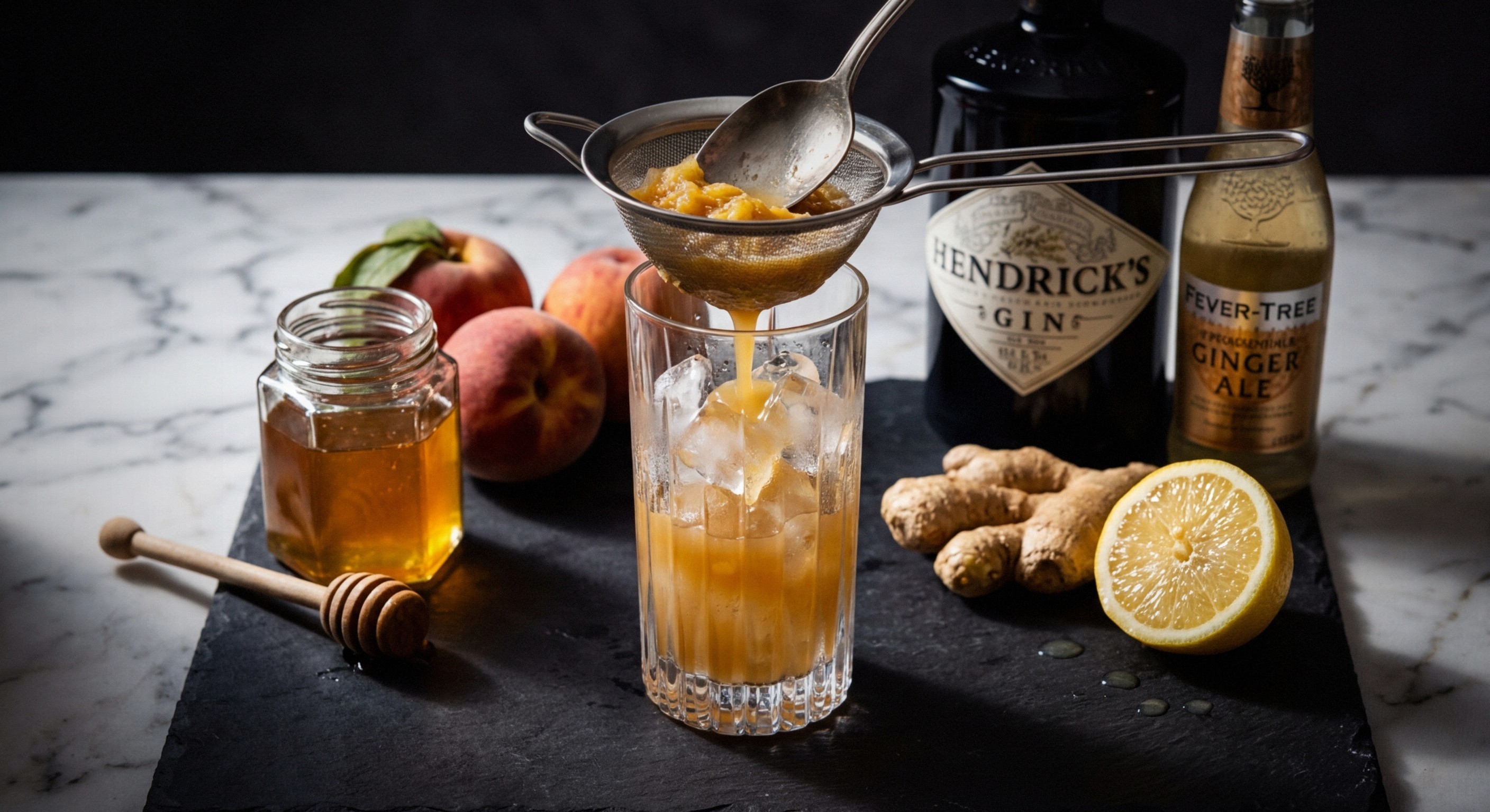 Straining muddled peach ginger mixture through fine mesh over ice-filled glass for spring mocktail recipe