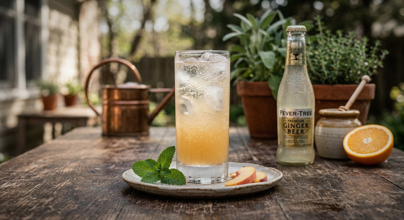 Finished peach ginger fizz mocktail with lime in tall glass with ice, condensation, fresh mint garnish, outdoor spring light for digestive health drink