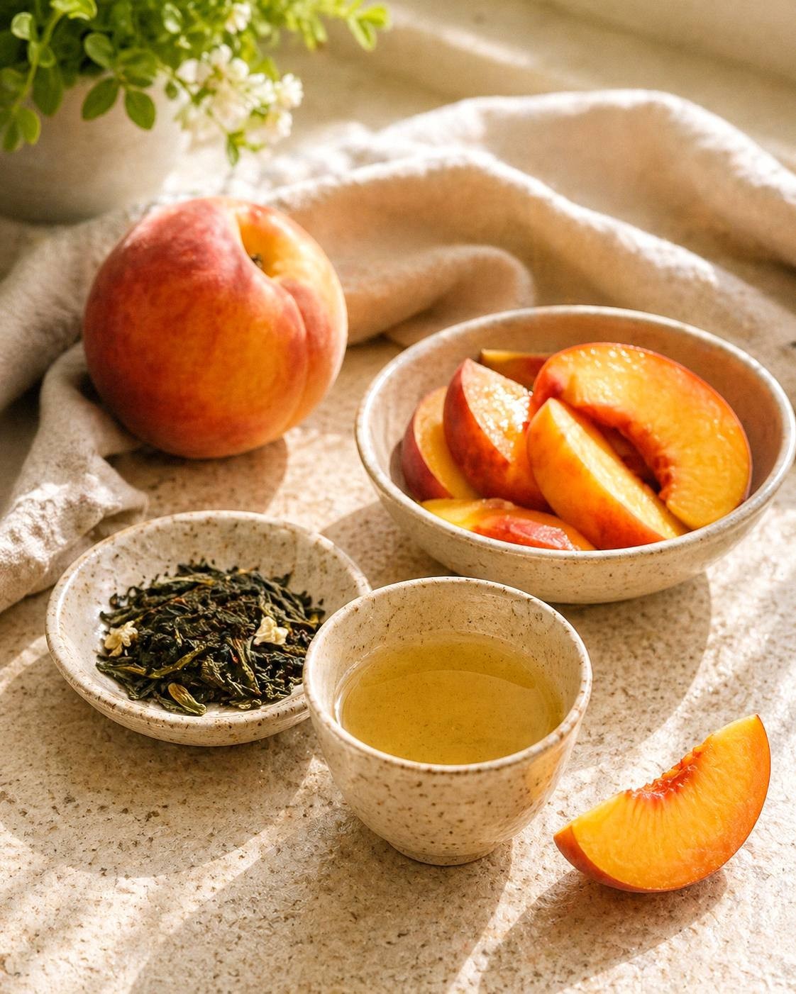 Jasmine green tea and ripe peach slices for a peach green tea highball on a bright counter