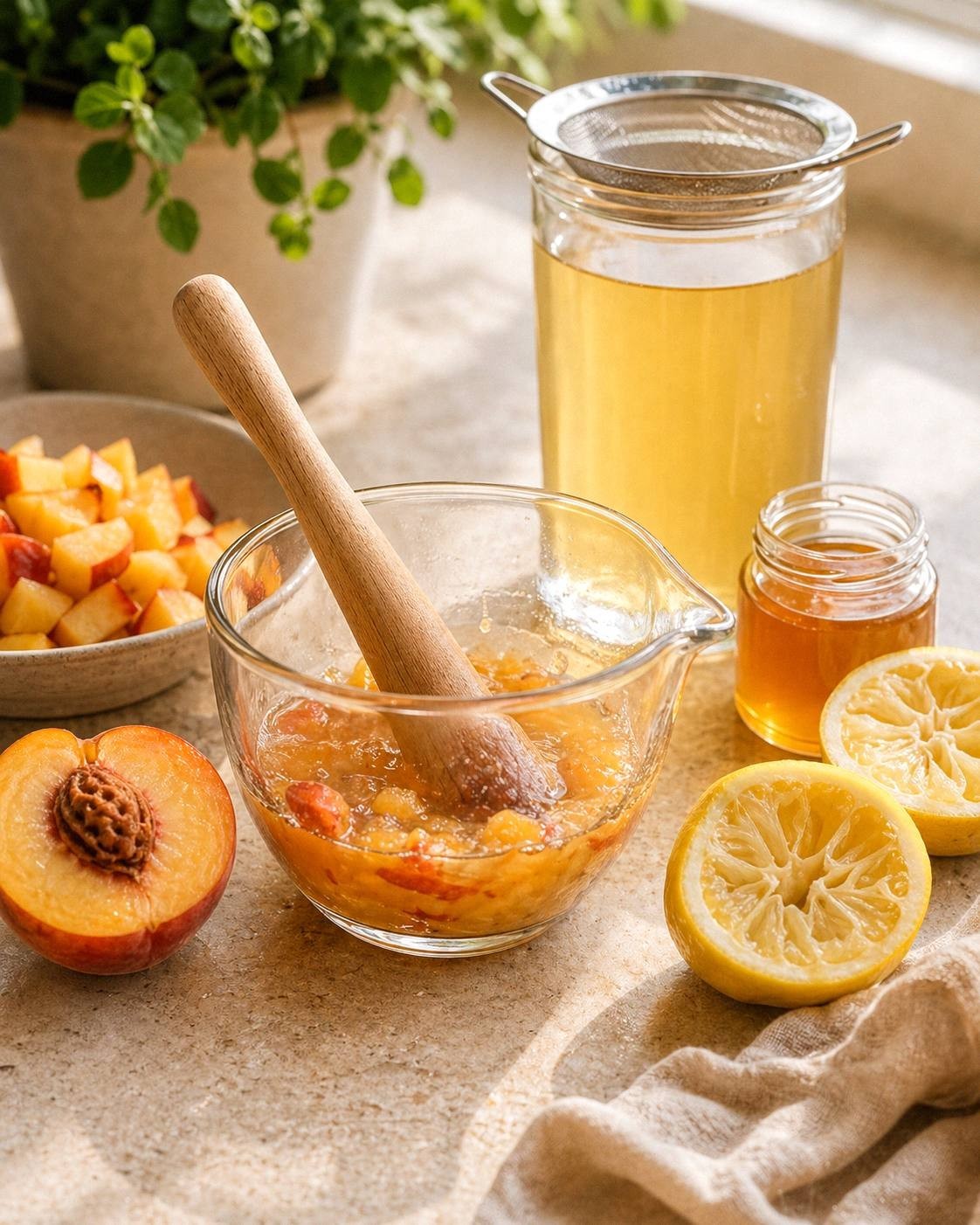 Muddled peach with lemon and honey syrup for a peach green tea highball
