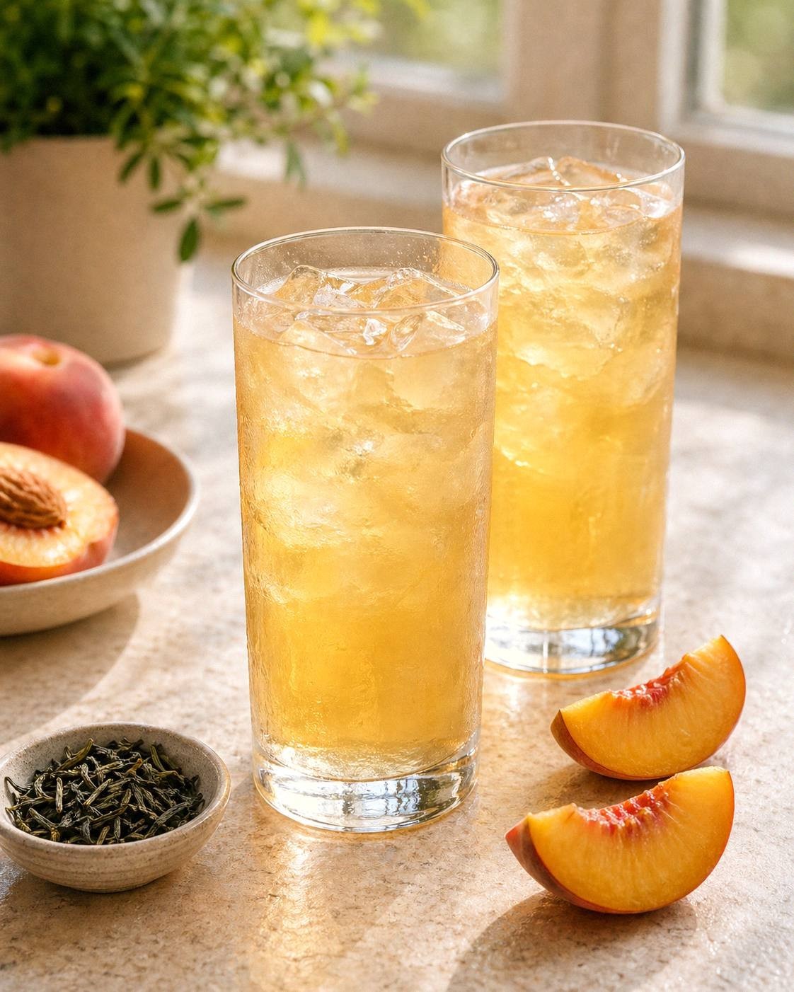 Two peach green tea highballs over ice with peach slices beside the glasses