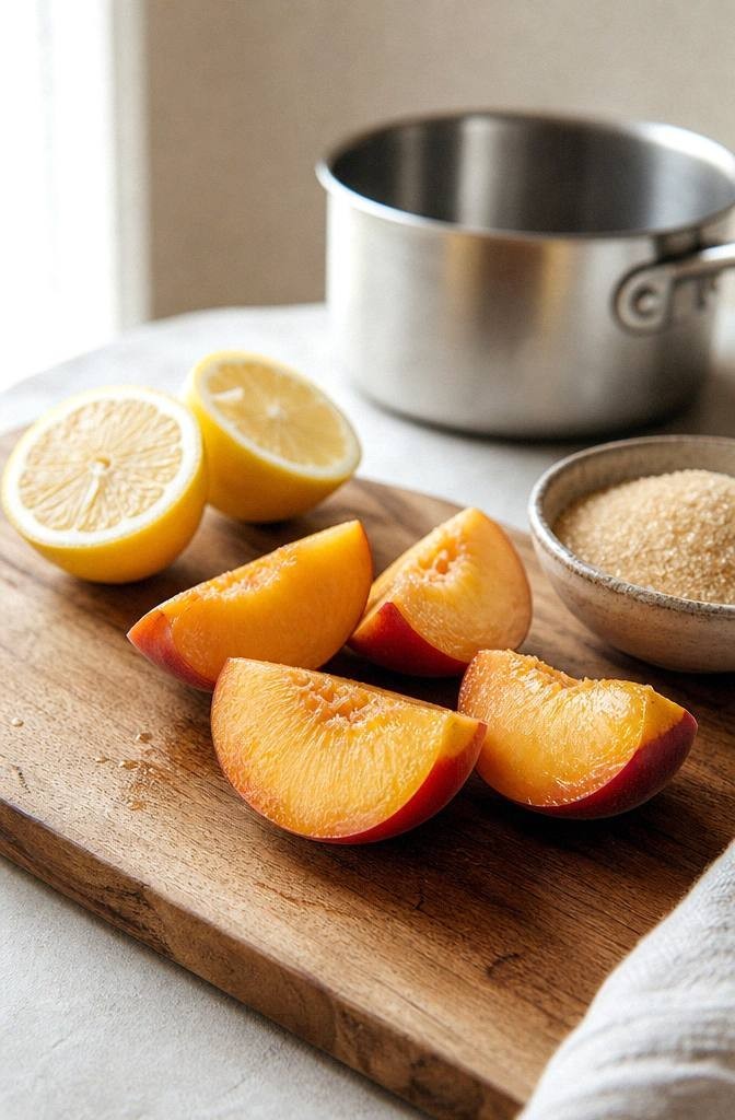 Fresh ripe peaches quartered with skins on, halved lemons, and raw cane sugar on a wooden cutting board with a small saucepan beside them ready to simmer peach syrup for peach lemonade