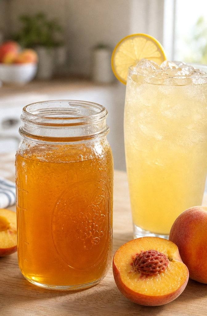 Peach syrup in a small clear mason jar on a light wood counter beside a clear glass of peach lemonade with ice and lemon wheel garnish for a homemade peach lemonade recipe