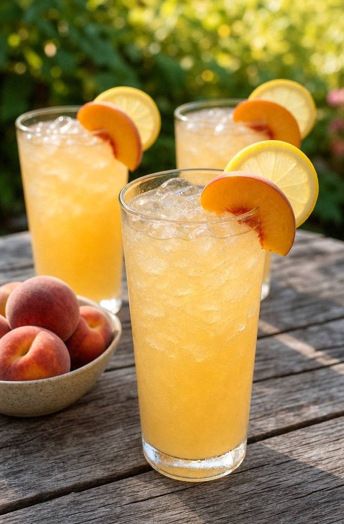 Three tall clear glasses of Fresh Peach Lemonade on a picnic table with peach slices and lemon wheels and a small bowl of fresh peaches at sunset on a summer evening