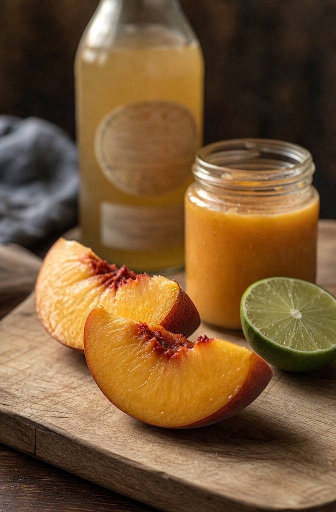 Ripe peach quartered with skin on beside a bottle of real ginger beer and a halved lime on a light wood counter ready to build a peach moscow mule mocktail