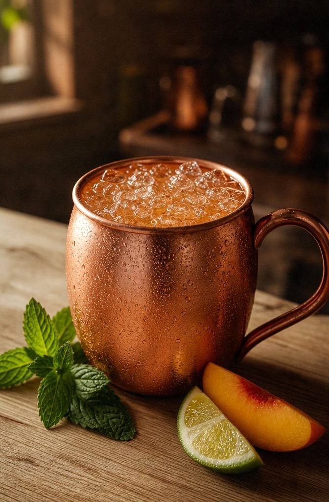 Finished Peach Moscow Mule Mocktail in a copper-look glass on a dark walnut bar top with crushed ice lime wedge fresh peach slice and bottle of real ginger beer in soft blurred background bright editorial light