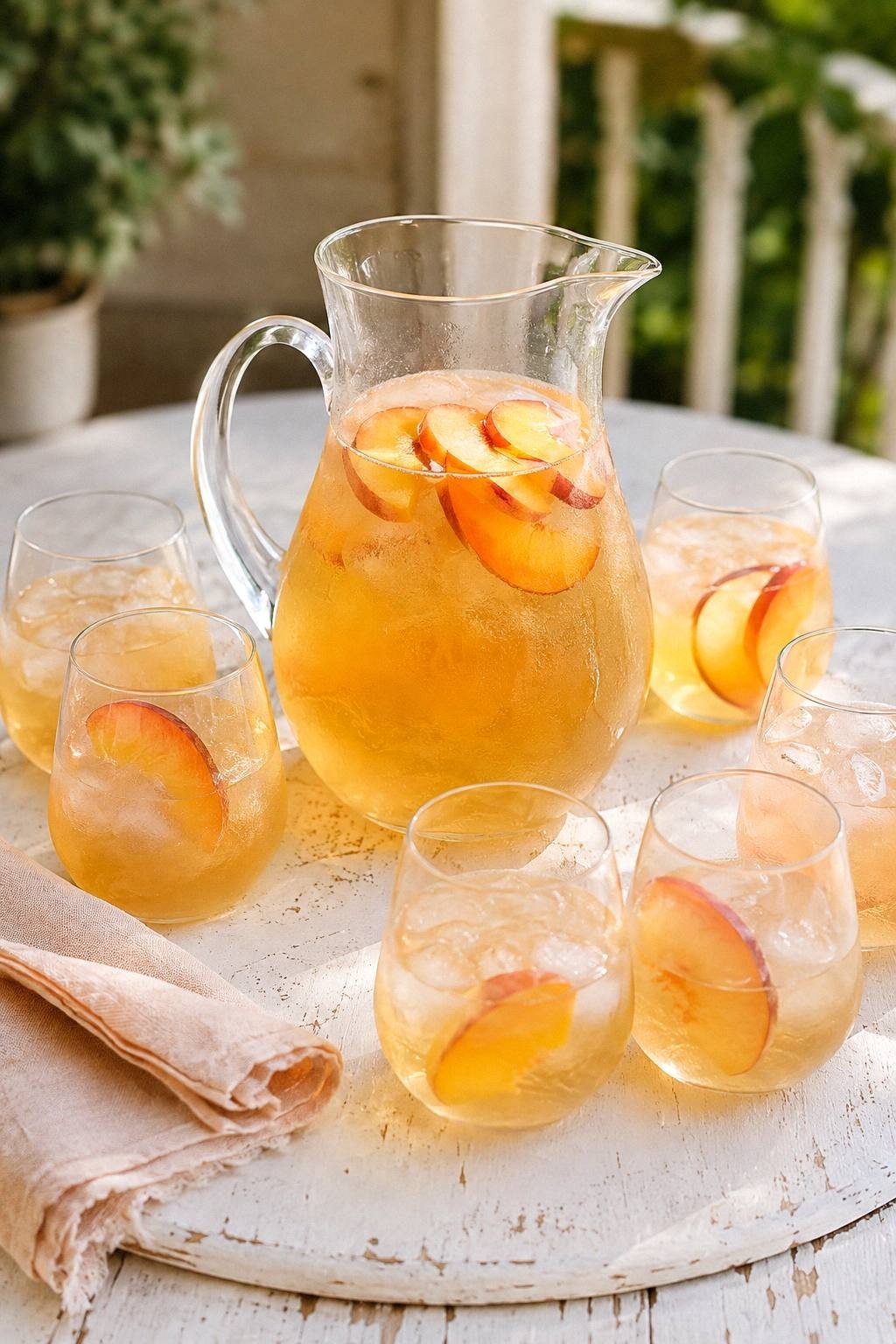A pitcher of peach white wine sangria with six glasses and fresh peach slices on a relaxed summer table