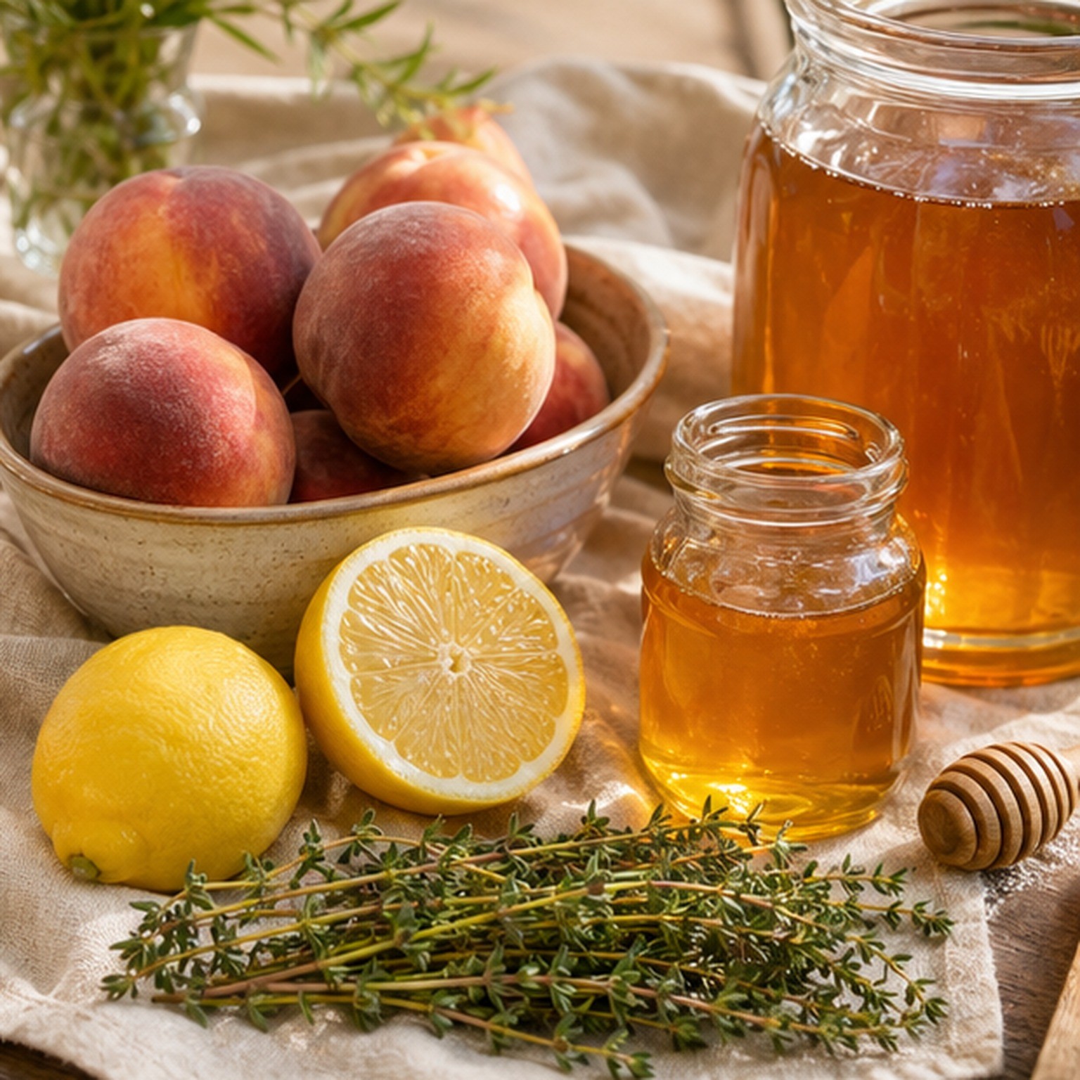 Ripe peaches, fresh thyme, lemon, and honey on a rustic summer table
