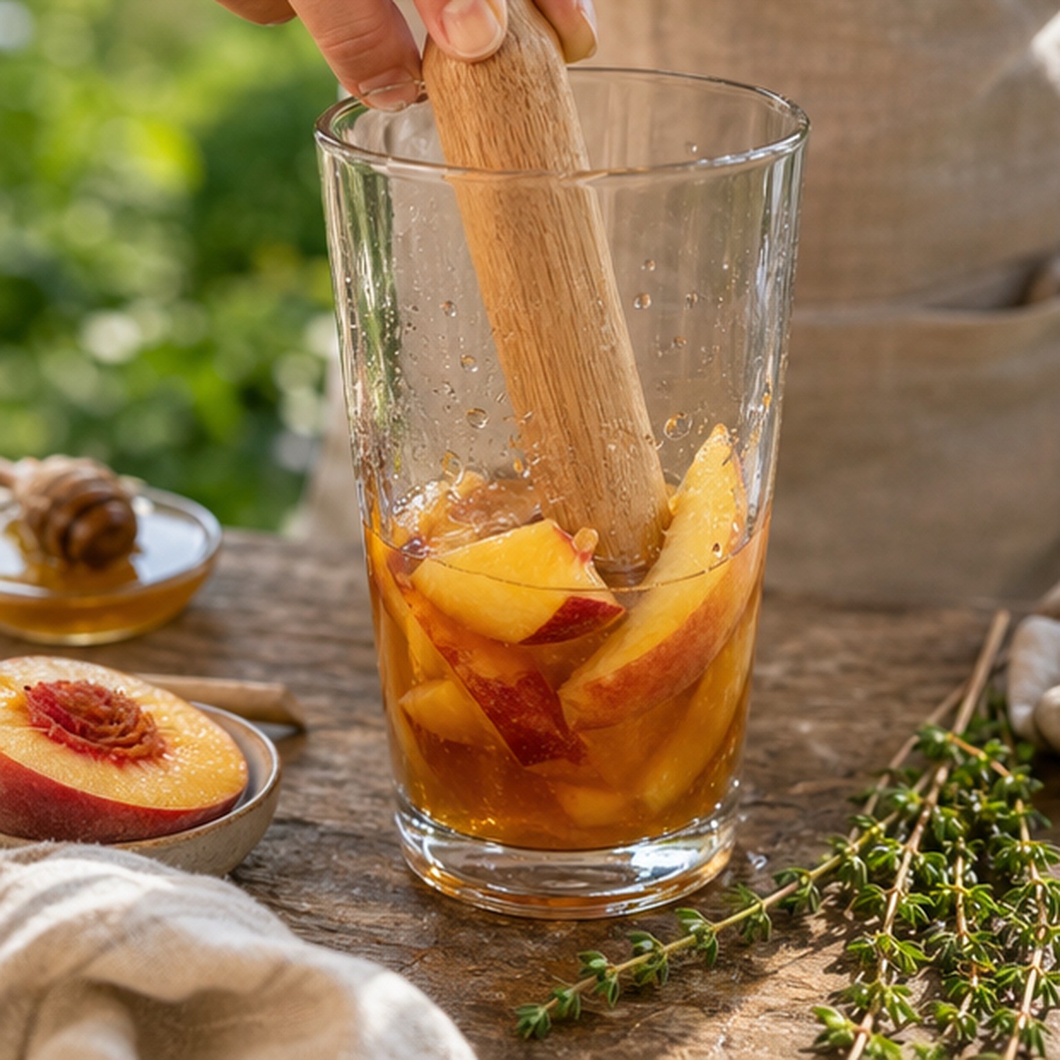 Peach slices muddled with thyme, lemon, and honey syrup for a peach thyme smash