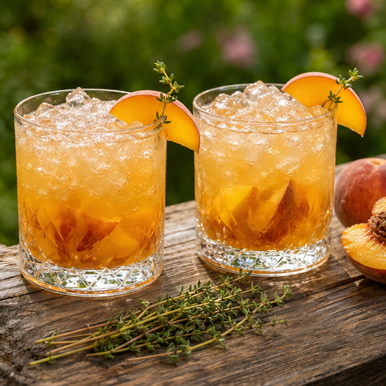 Peach thyme smash drinks with crushed ice on an outdoor picnic table