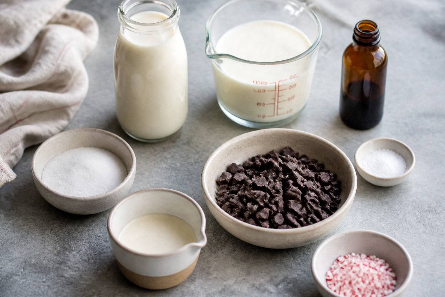 measured ingredients for peppermint hot chocolate including milk, cream, sugar, chocolate chips, and extracts