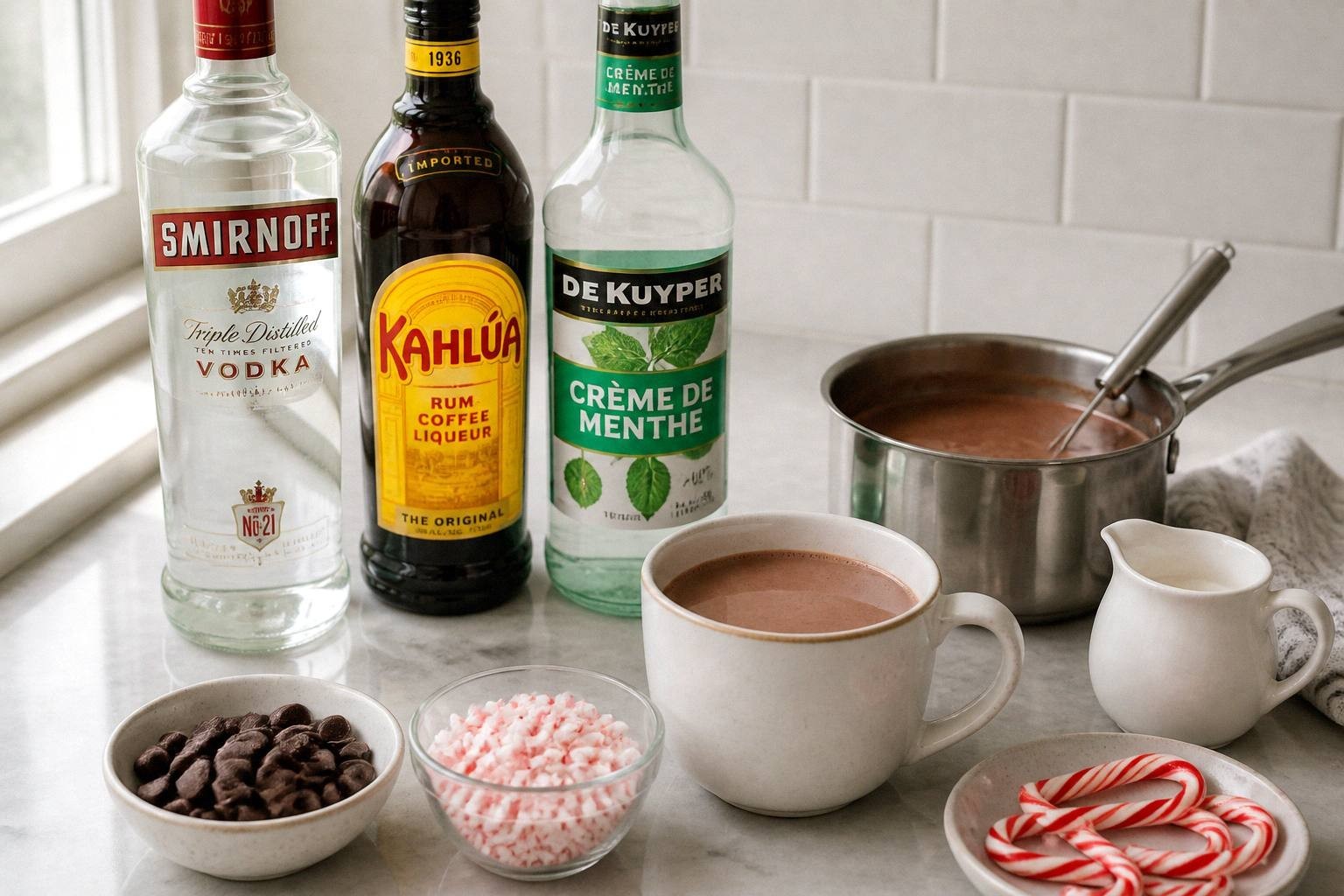pouring peppermint hot chocolate into a mug showing the thick, glossy texture