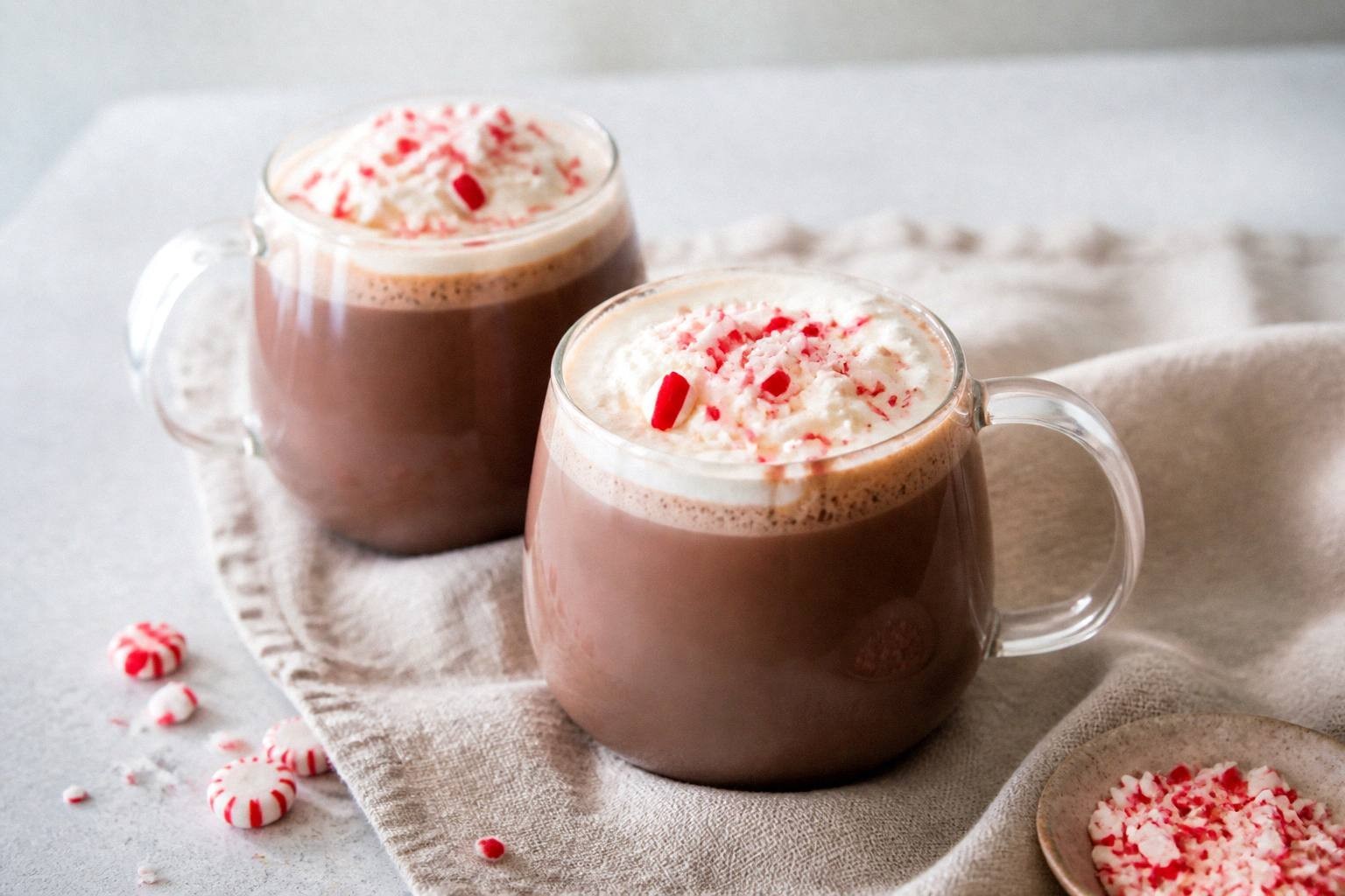 two mugs of finished peppermint hot chocolate garnished with whipped cream and candy canes