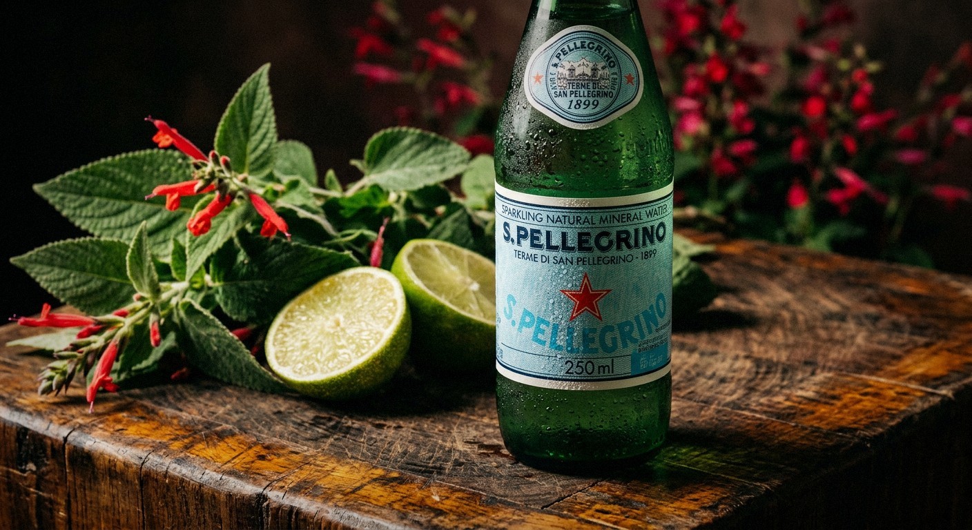 Fresh pineapple sage leaves and bright red sage flowers on white marble counter next to lime halves and glass bottle of sparkling water with condensation