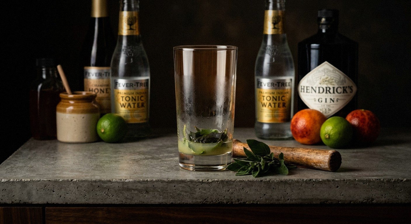 Hands muddling fresh pineapple sage leaves with lime juice in clear glass, wooden muddler pressing green leaves against bottom, natural afternoon light from window