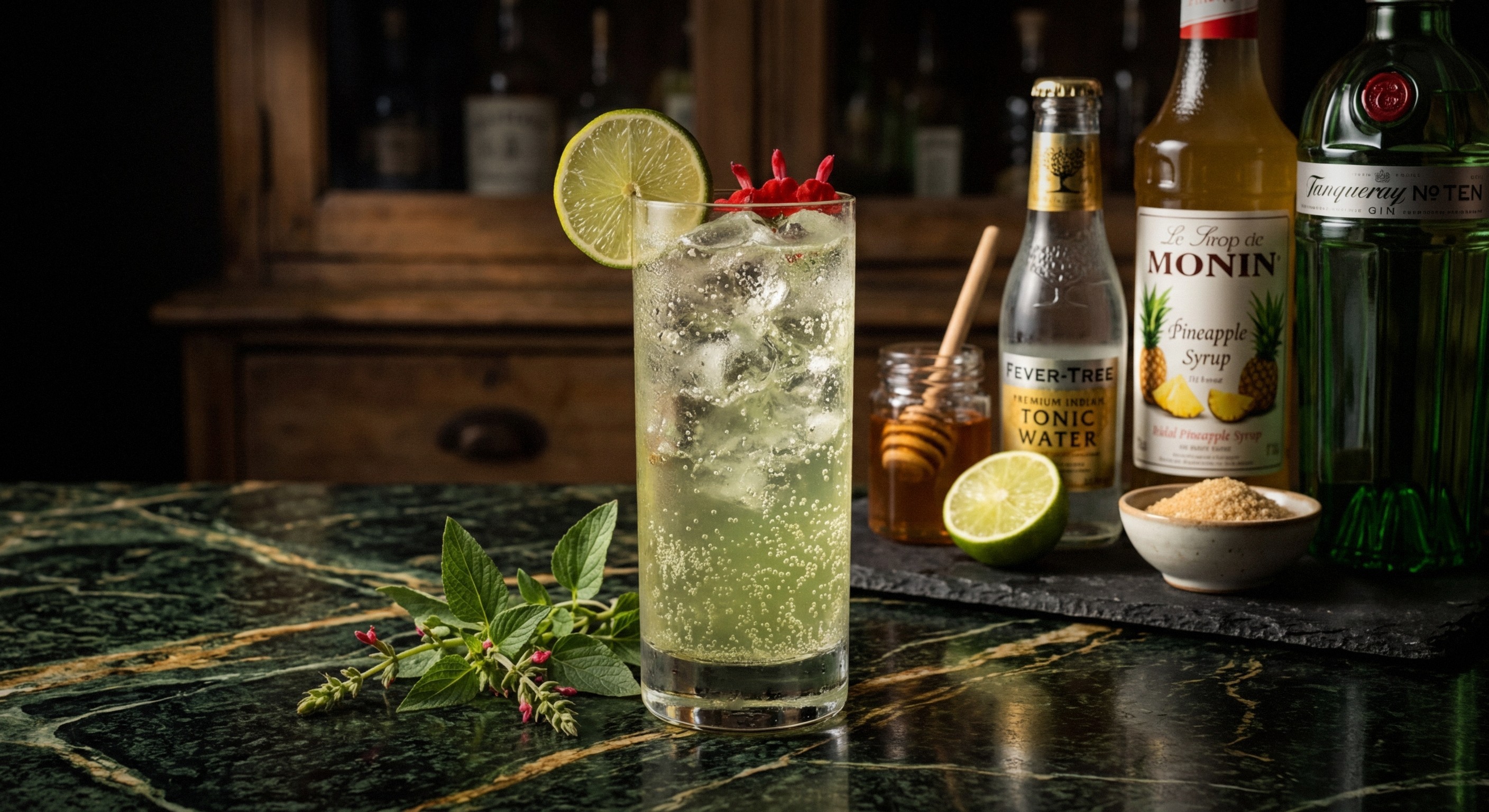 Tall glass of pineapple sage spritz with lime wheel garnish and red sage flowers, condensation on glass, ice cubes visible, bright green sage leaves suspended in sparkling water, afternoon sunlight creating shadows on outdoor table