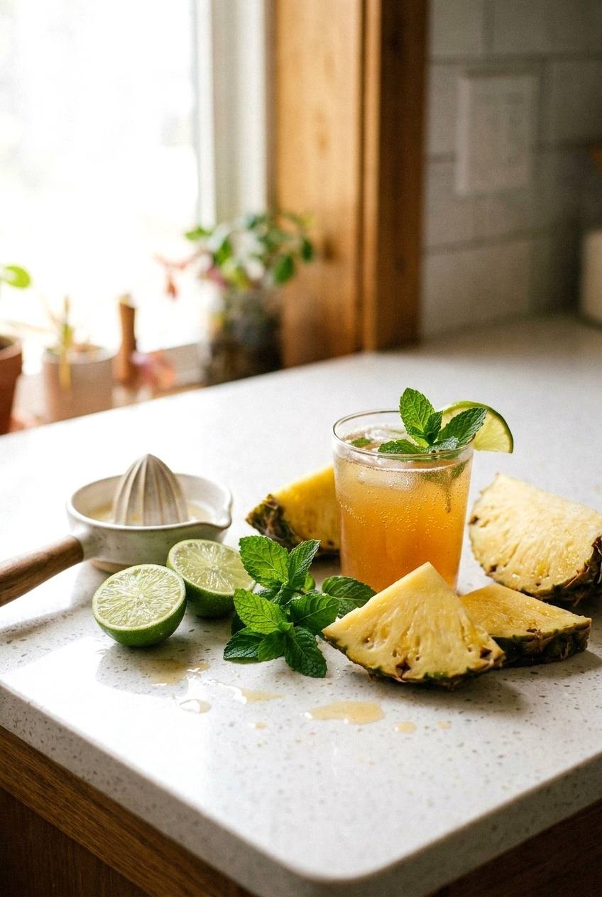 Pineapple, lime, mint, and chilled tepache arranged before mixing a pineapple tepache mocktail