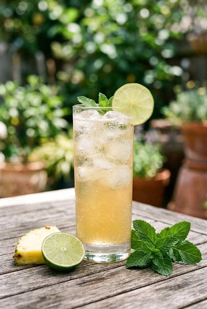 Finished pineapple tepache mocktail with lime and ice on a sunny patio table