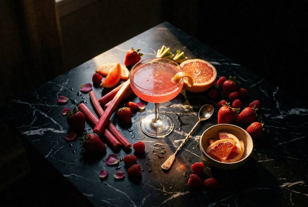 Three pink mocktails in clear glasses on white table with fresh rose petals hibiscus flowers strawberries and basil leaves arranged around them for spring party