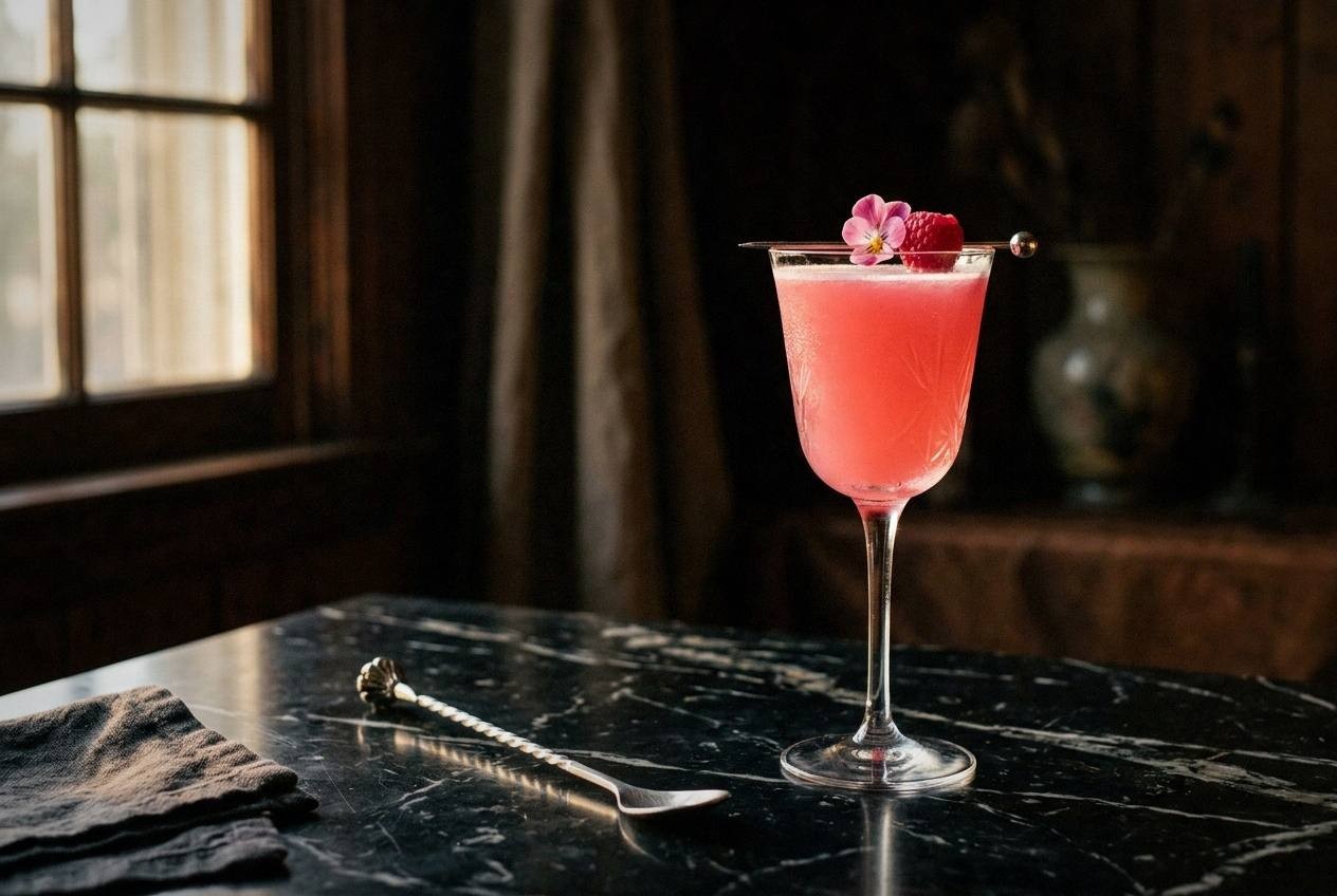 Three finished pink mocktails served in different glass styles with fresh flower garnishes strawberries basil on outdoor table spring party setting