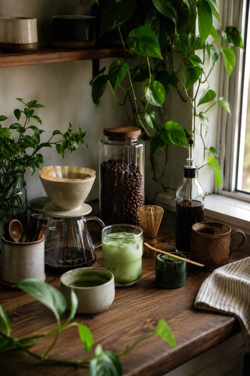 small plant filled coffee bar with mugs coffee jar matcha tin syrup bottle whisk spoon and pothos plant in a kitchen corner