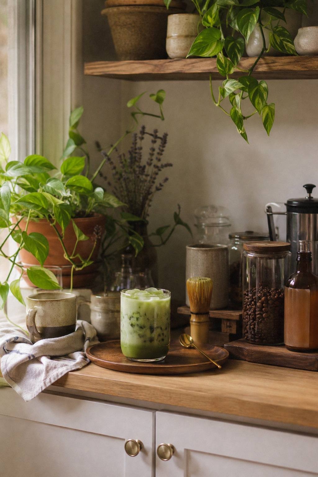 coffee and matcha bar setup with coffee beans matcha tin bamboo whisk syrup bottle mugs and small kitchen plants