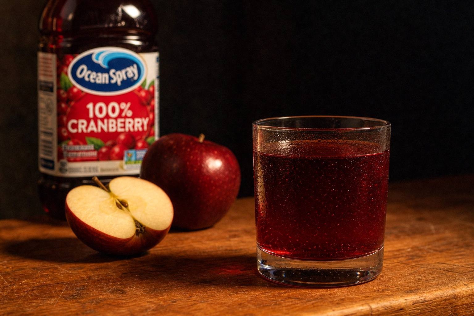 red cocktail beside fresh apples and a bottle of cranberry juice on a wooden counter