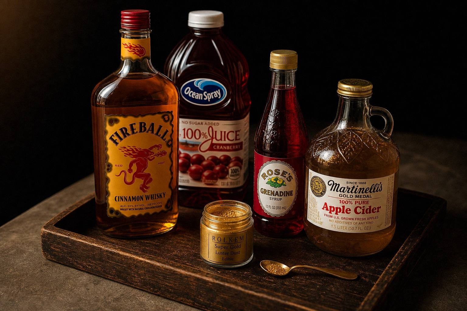 apple cider, cranberry juice, cinnamon whiskey and gold luster dust set out on a tray