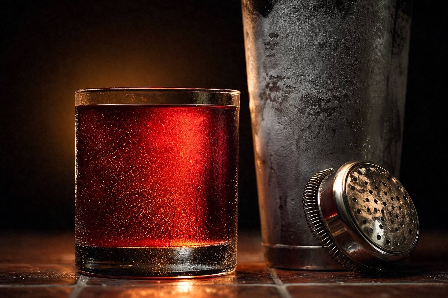 cocktail shaker being strained into a chilled lowball glass with no ice