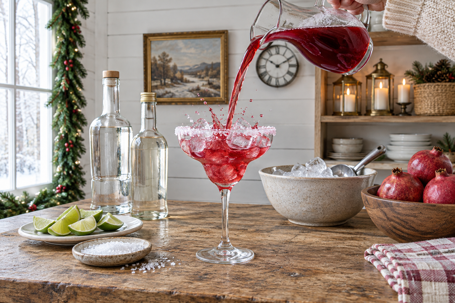 pouring pomegranate margarita from shaker into salt-rimmed glass over ice