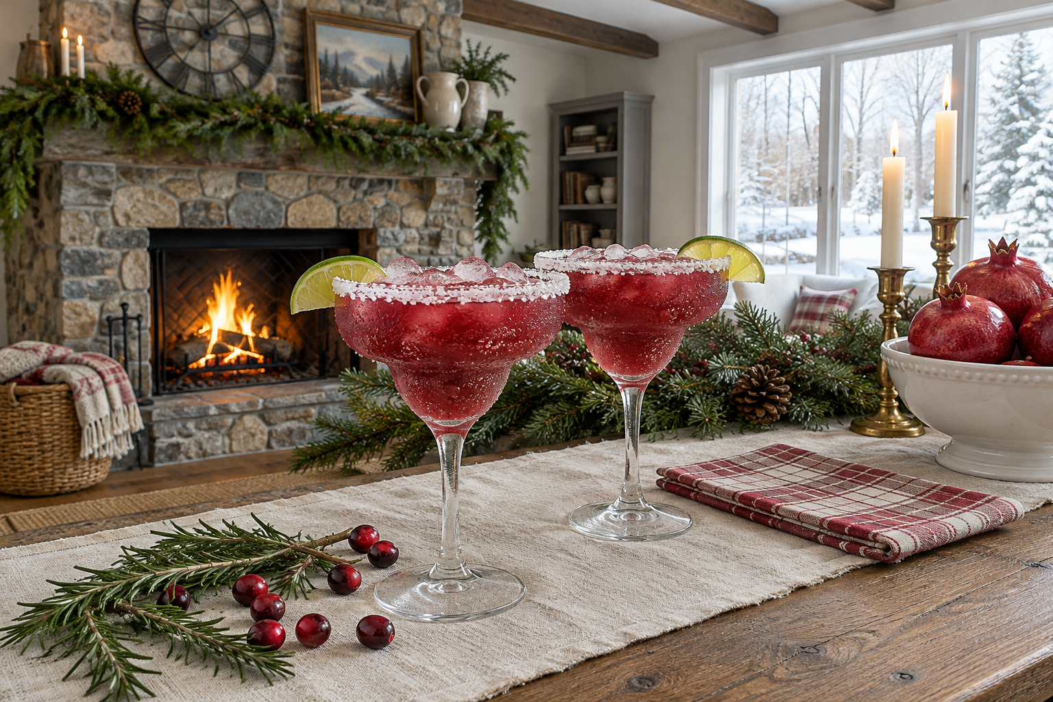 two pomegranate margaritas in salt-rimmed glasses with lime wedges on serving tray