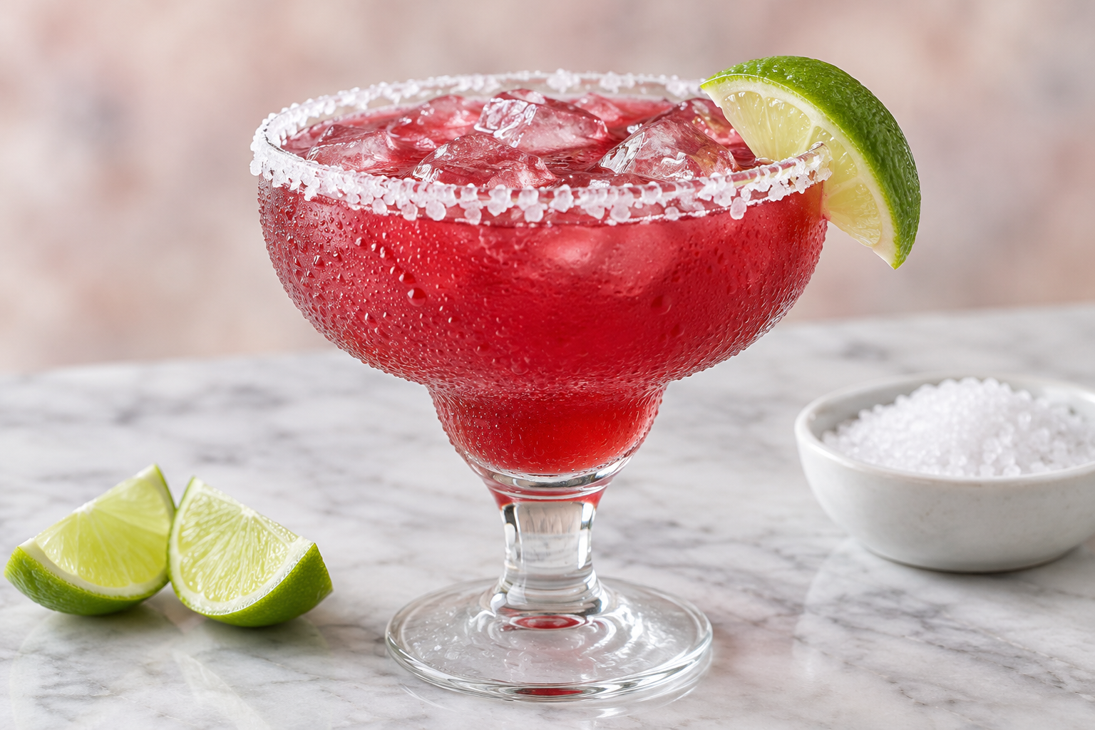 pomegranate margarita in a salt-rimmed glass with lime garnish and ice