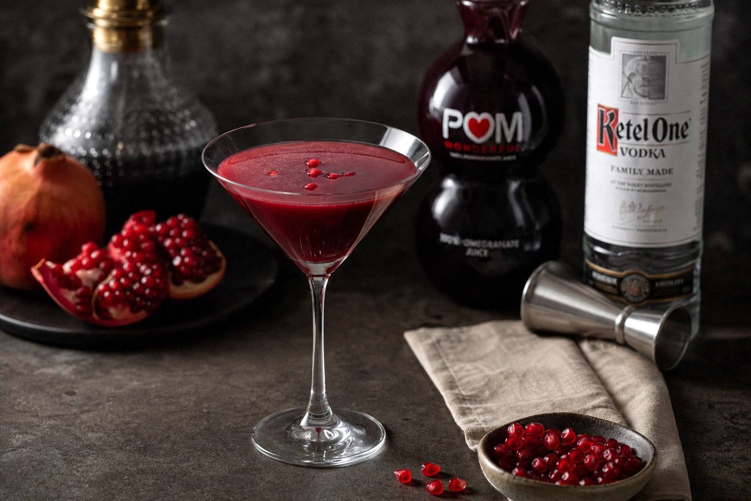 Vodka, triple sec, pomegranate juice, lemon juice, and lemon twist measured out on a counter