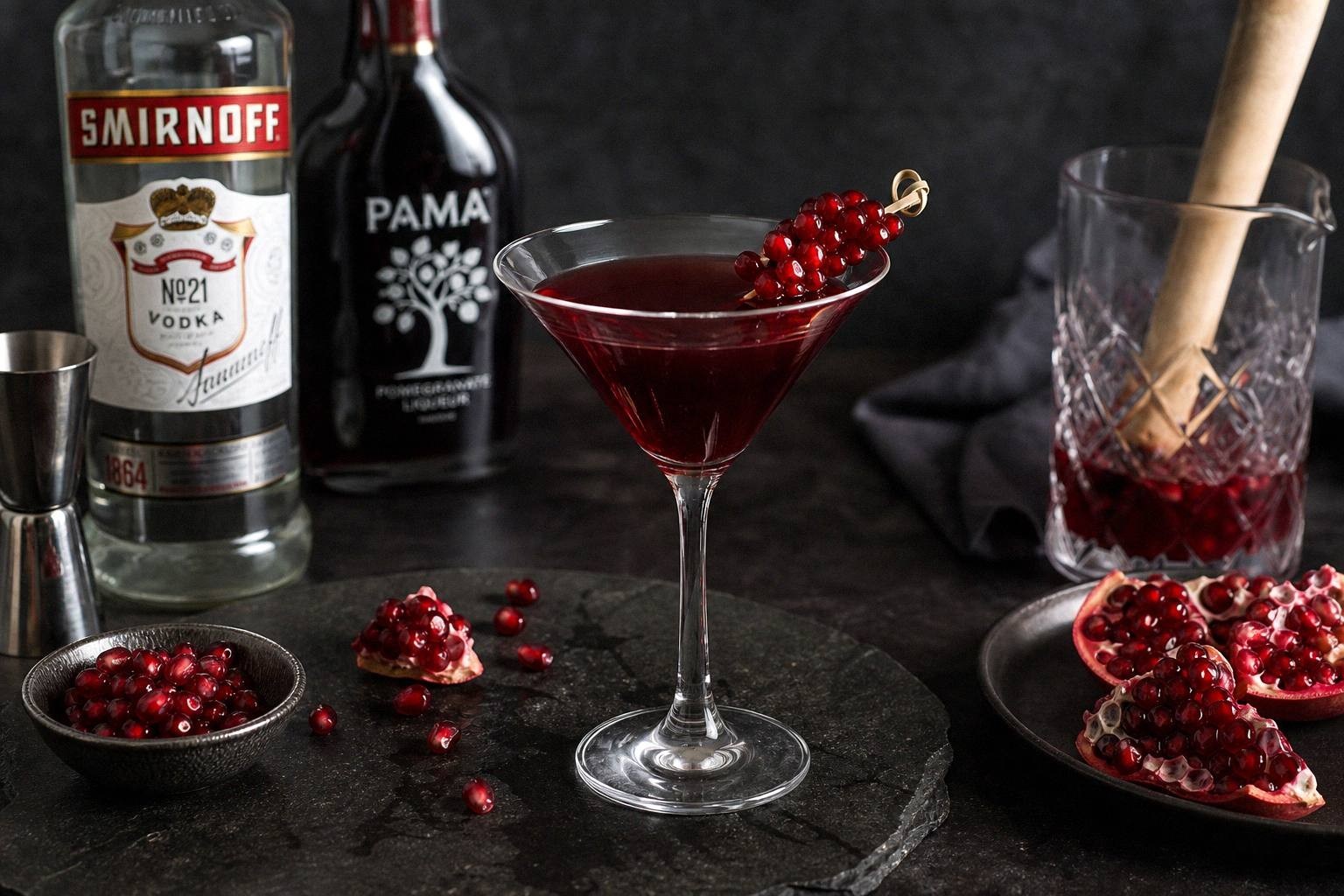 Pomegranate martini being strained from a shaker into a cocktail glass