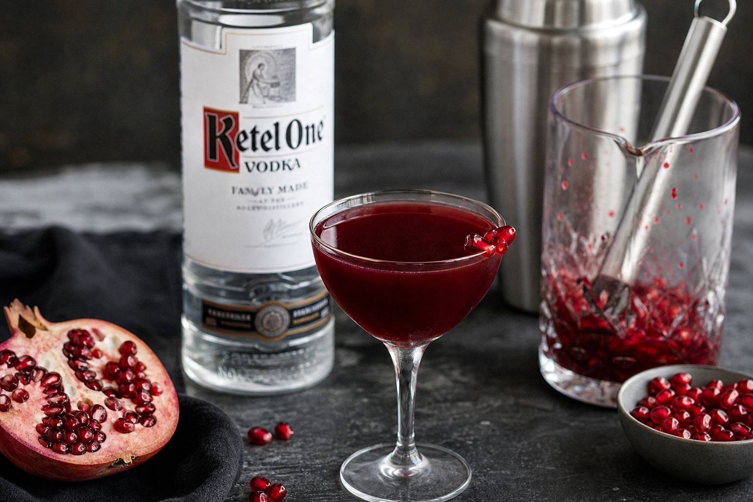 Two pomegranate martinis with lemon twists on a styled table