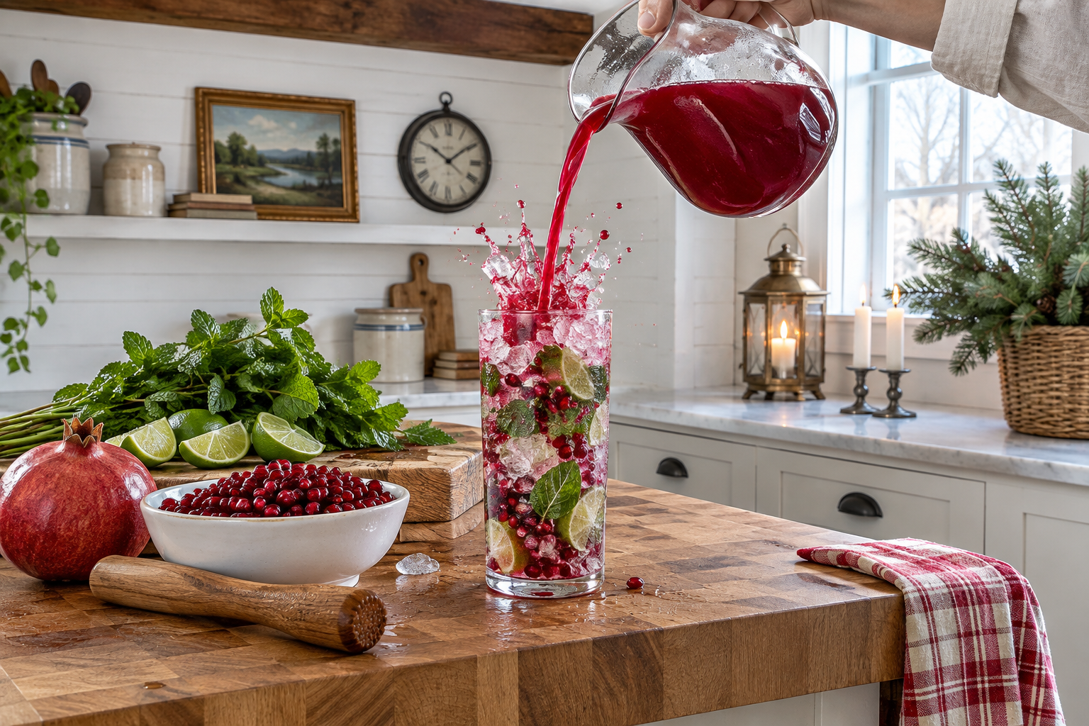 Lemonade being poured into jug of muddled mint, lime, and pomegranate juice, liquid in motion with bubbles visible
