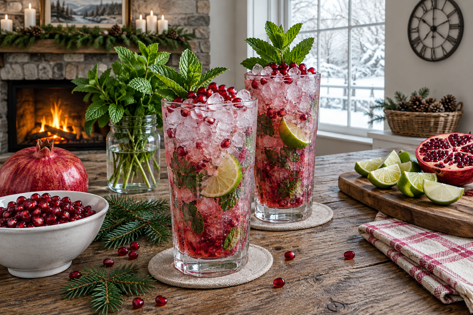 Two pomegranate mojito mocktails on table with mint sprigs and lime slices, pomegranate seed ice cubes floating in ruby liquid