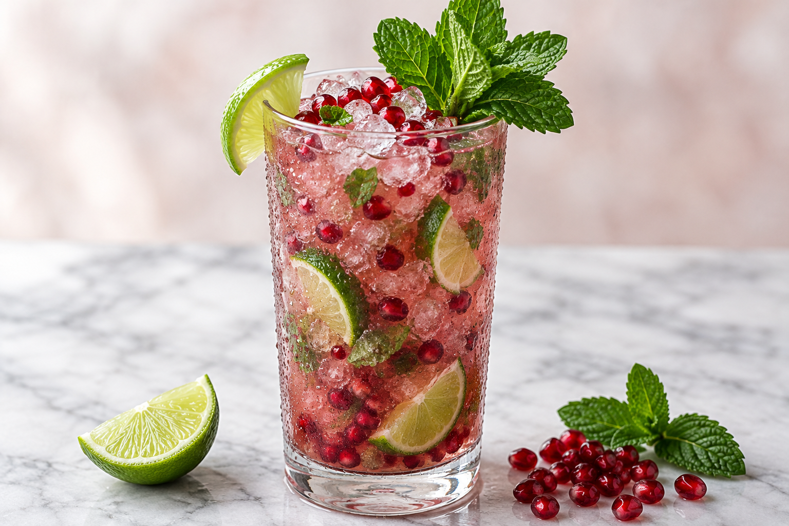 Pomegranate mojito mocktail in a glass with mint garnish and lime slice, filled with ruby-red liquid and pomegranate seed ice cubes