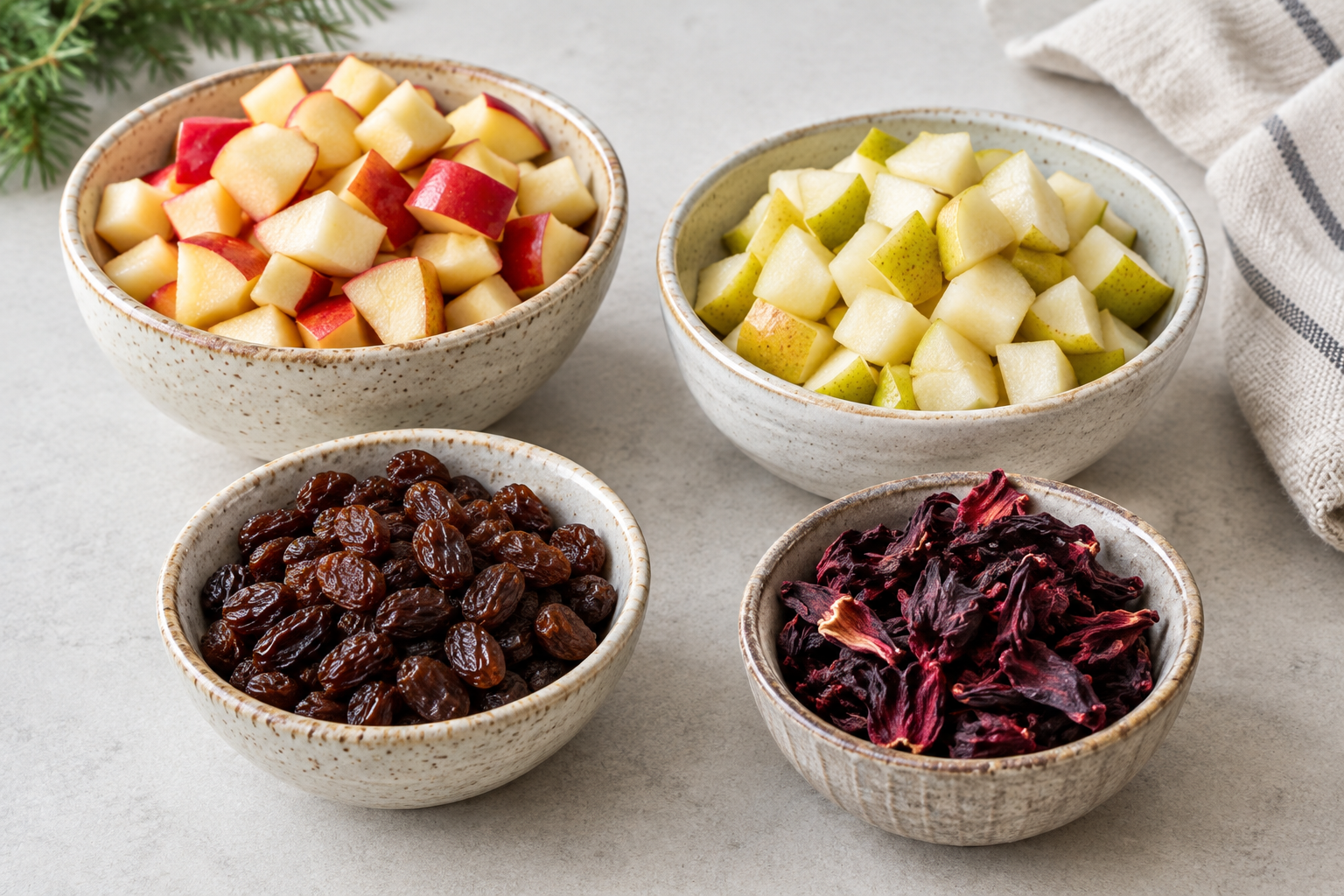 Diced apples, diced pears, raisins and dried hibiscus measured separately for fruit punch