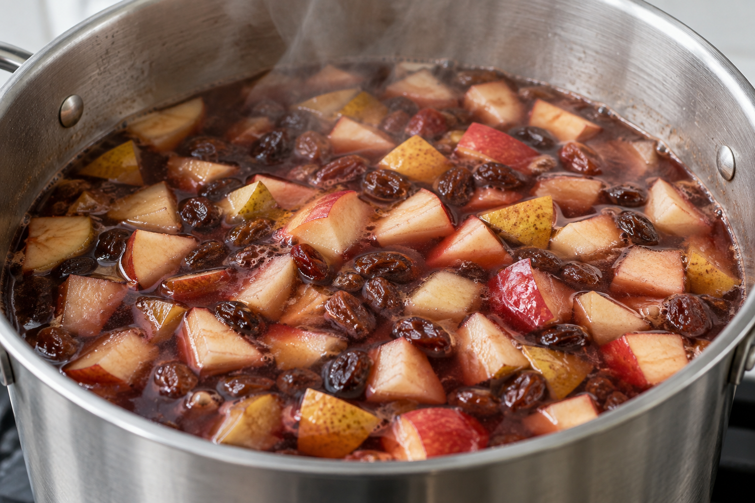 Cooked apples, pears and raisins in a stockpot of hibiscus fruit punch