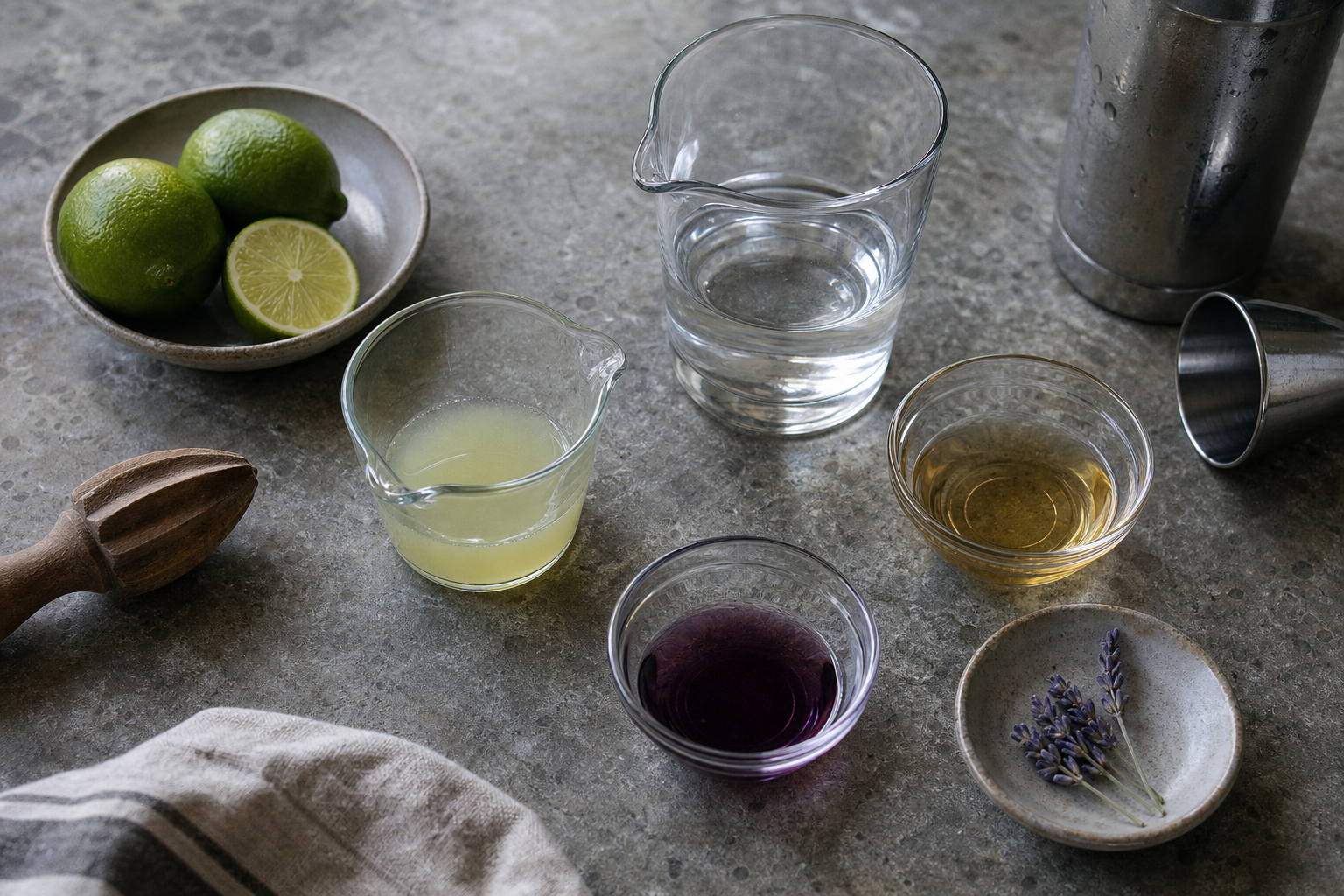 measured ingredients for midnight margarita including lime juice, mezcal, lavender syrup, and agave