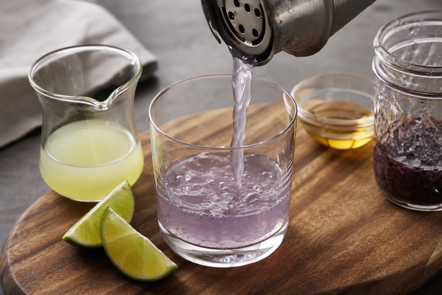 pouring midnight margarita from shaker into salt-rimmed glass with ice