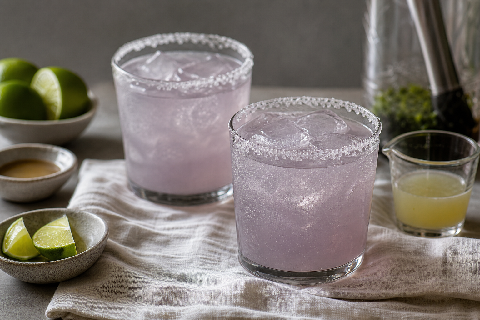 two midnight margaritas in salt-rimmed glasses garnished with lavender and lime