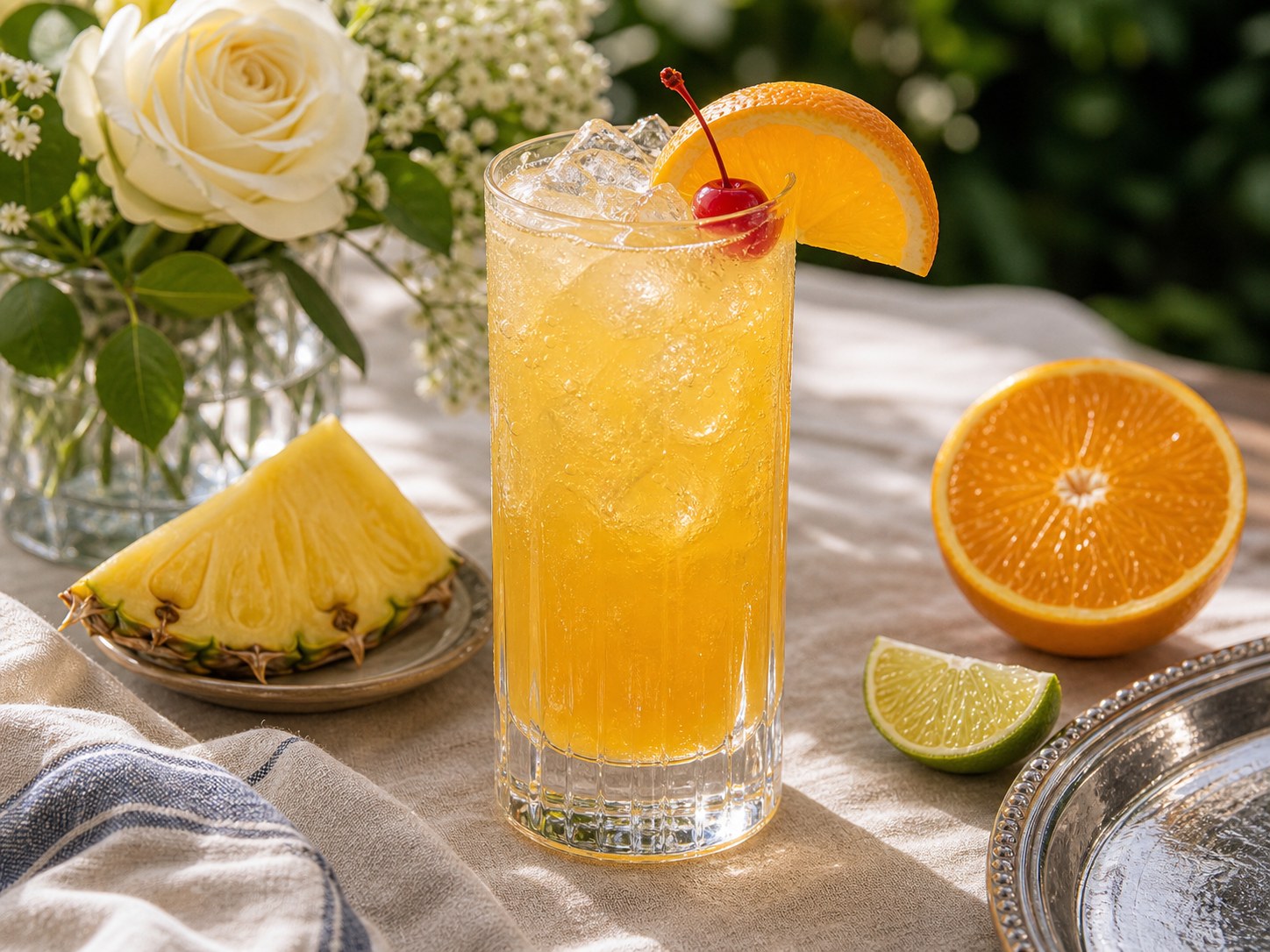 Official Black-Eyed Susan cocktail in a tall glass with golden pineapple orange citrus color, ice, and an orange wedge garnish