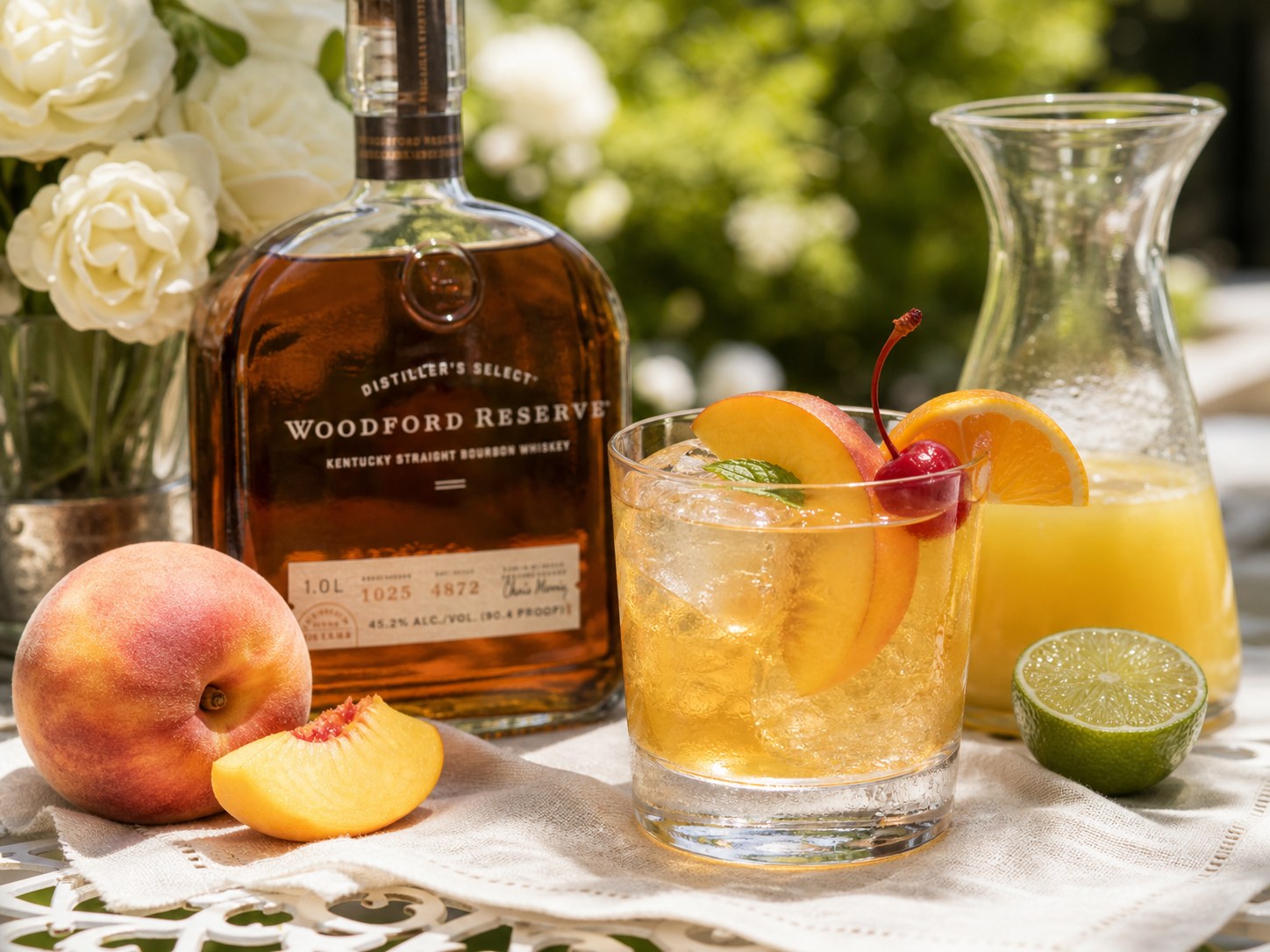 Bourbon peach Black-Eyed Susan cocktail over ice with orange slice and cherry garnish on a Maryland race-day table