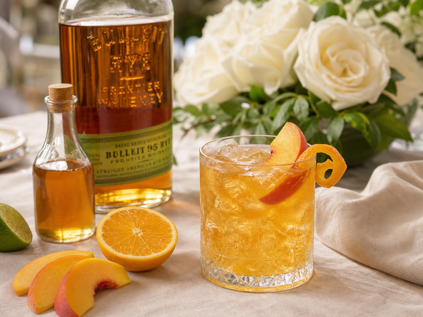 Rye peach Black-Eyed Susan cocktail in a Collins glass with peach slice, mint, orange citrus color, and clear ice