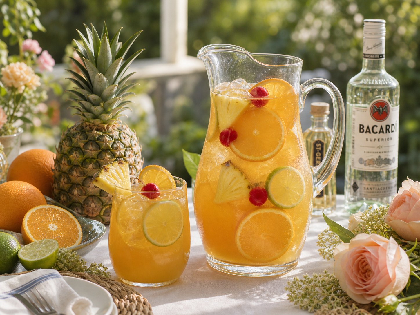 Pitcher of rum and pineapple Black-Eyed Susan punch with orange wheels, cherries, citrus juice, and ice-filled glasses
